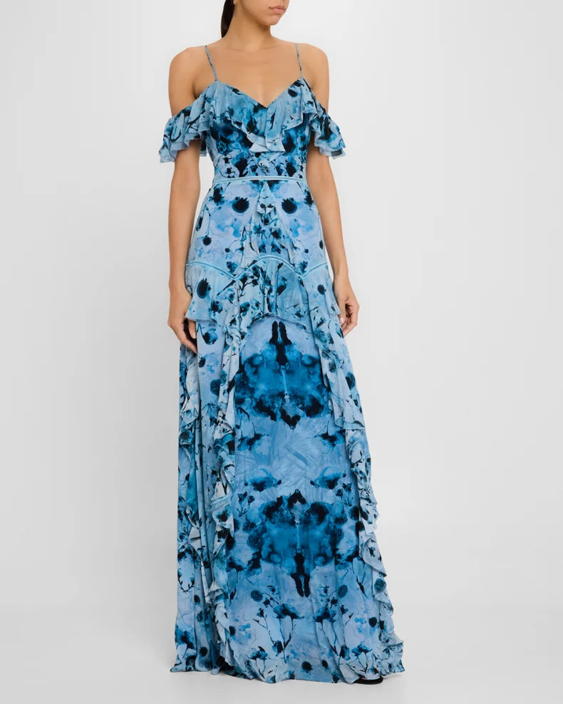 Charming and unique design Beautiful generous simple Cold-Shoulder Ruffle Chiffon Gown