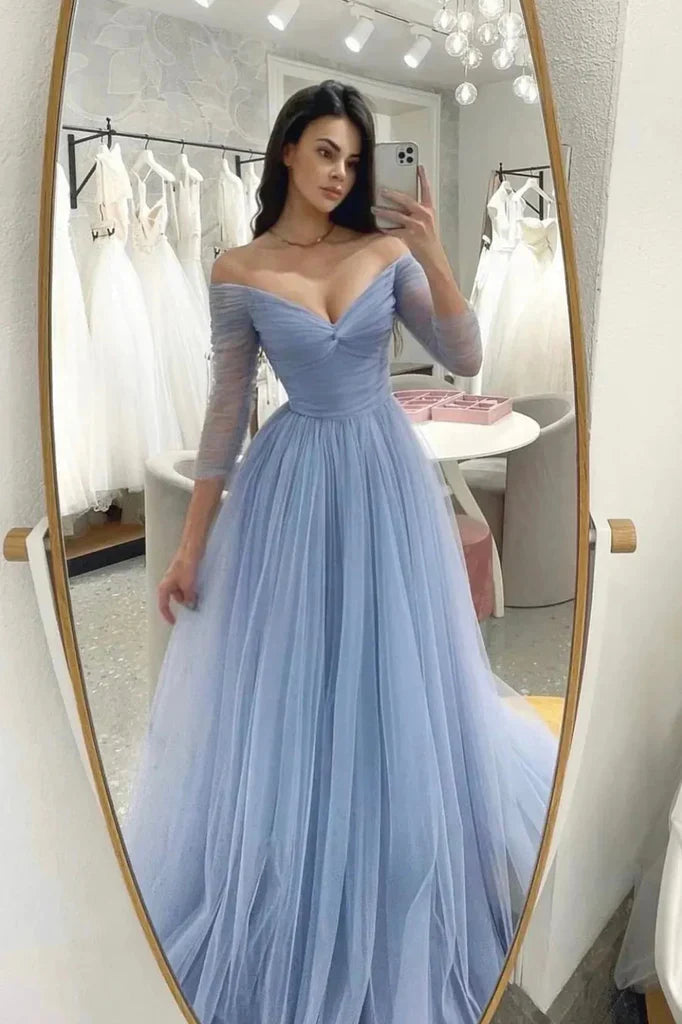 Light Blue 3/4 Sleeves V Neck Long Prom Dresses A Line Tulle Formal Evening Dresses