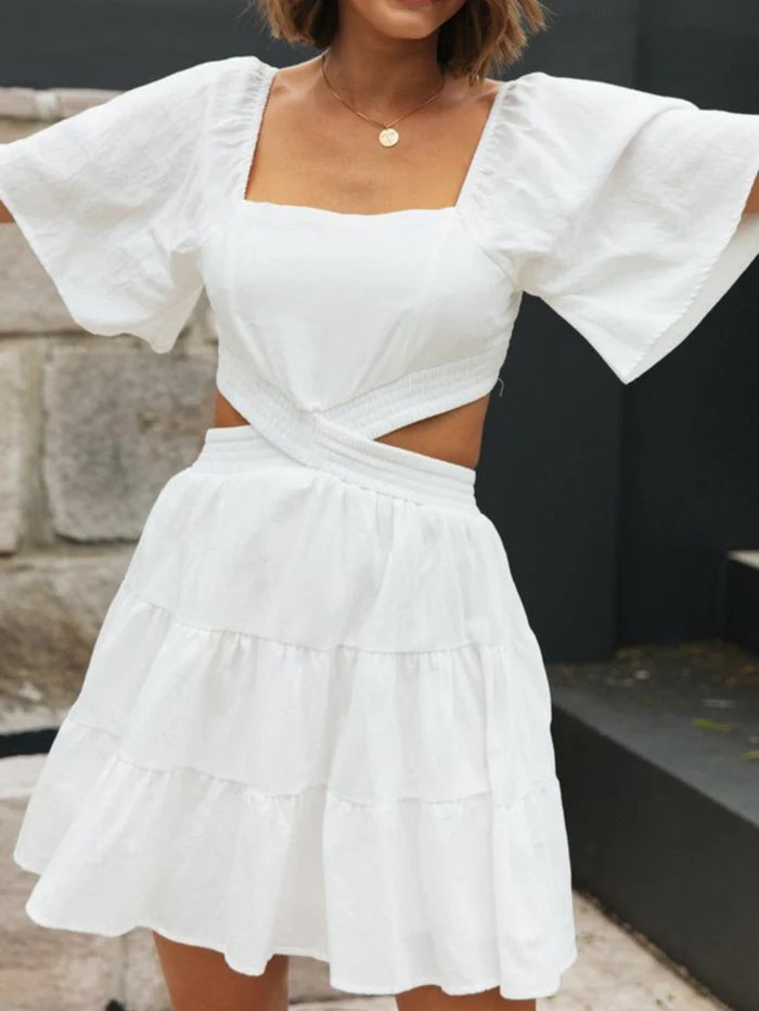 Sweet White Square Neck Cutout A Line Short Graduation Dress