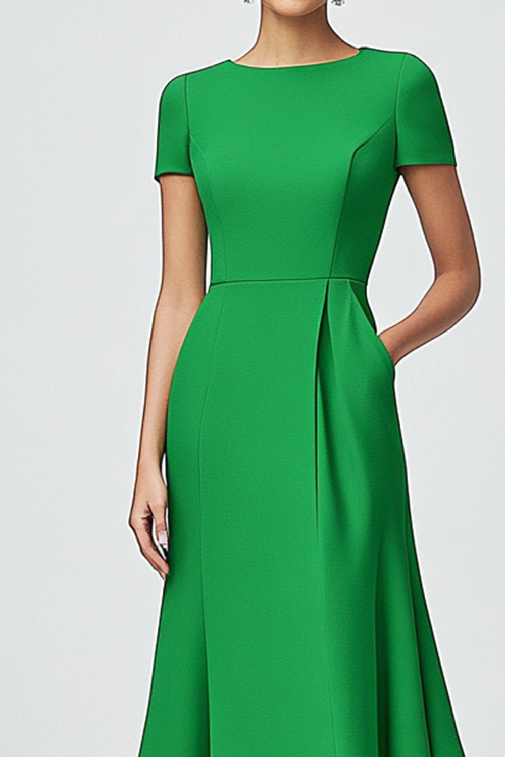 Formal Work Green A-Line Dress Short Sleeves Flared Hem Dress With Pockets Simple beautiful generous and full of charm