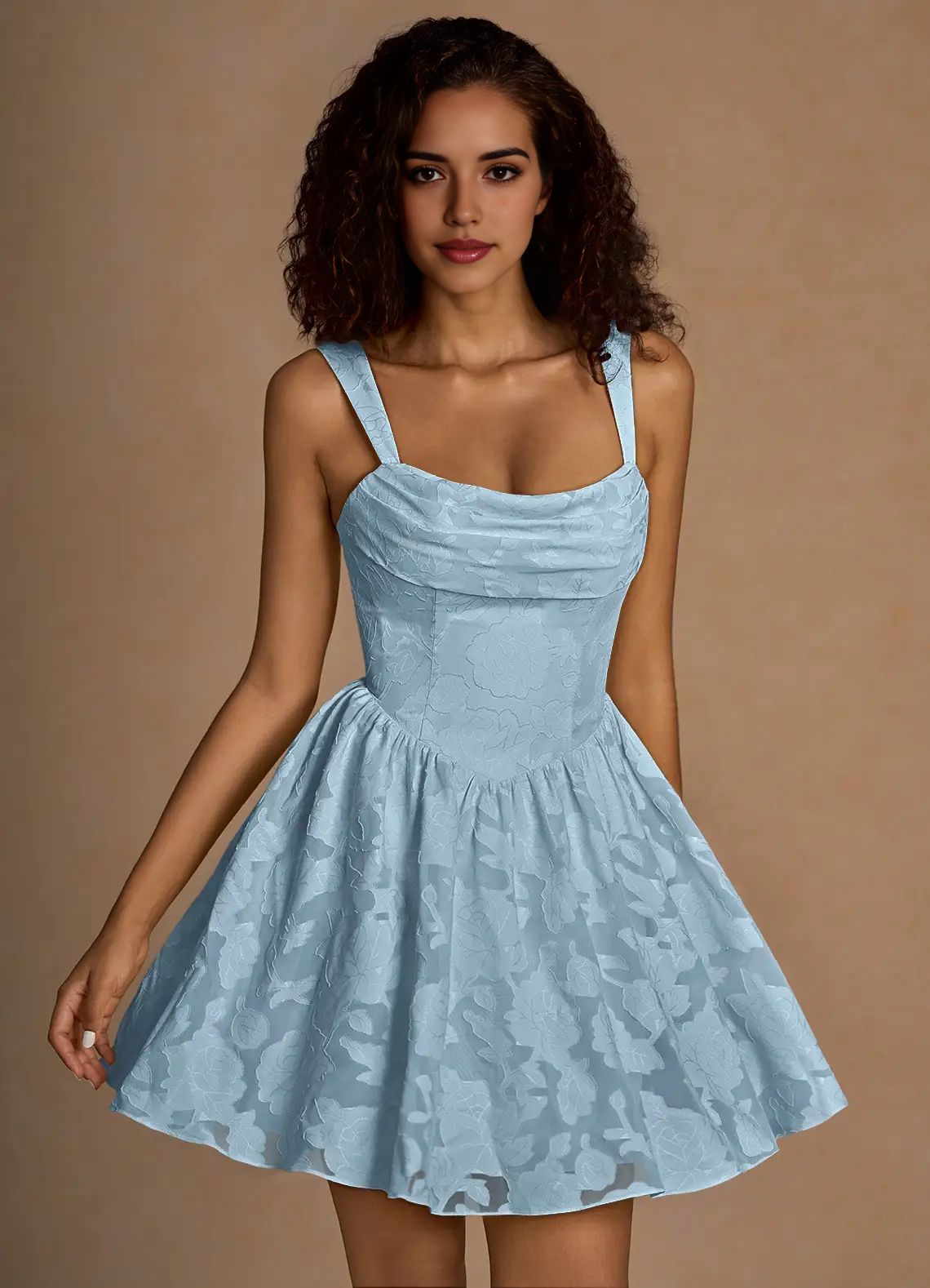 Light Blue Floral Jacquard Mini Dress with Lace - Up Back and Cowl Neck Ivy Sky Blue Mini Dress Homecoming Dresses