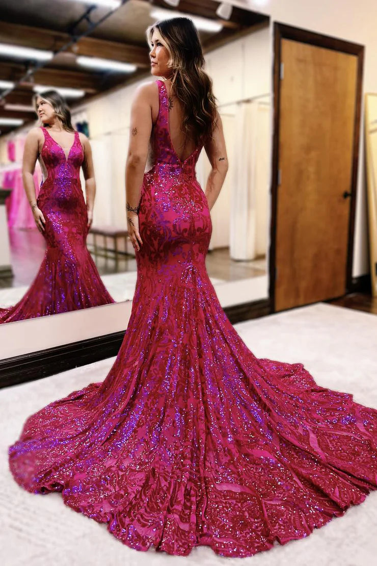 Charming Mermaid V Neck Fuchsia Sequins Lace Long Prom Dress
