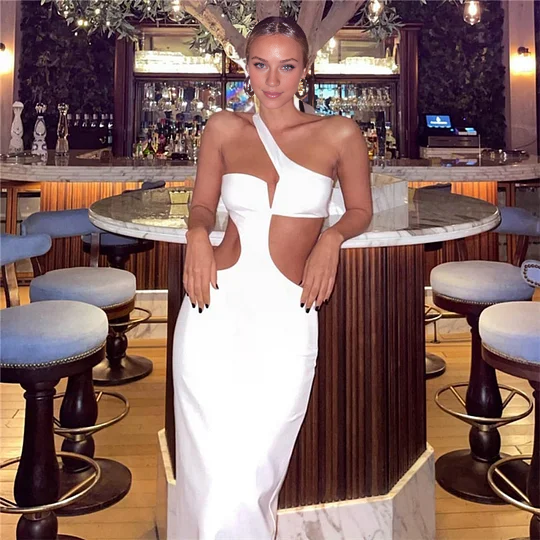 White Long Summer Dress Women Sexy Cut Out Slim Evening Party Dress Fashion One Shoulder Vacation Beach Maxi Dresses 2024 New
