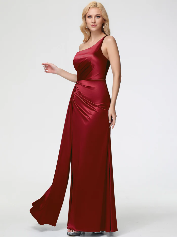 Burgundy Prom Dresses Trumpet/Mermaid One Shoulder Sleeveless Pleats Stretch Satin Prom Dresses With Split