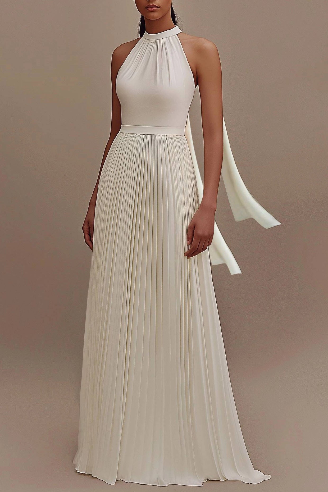 Formal Evening Dress with Scarf White Halter with Flowing Pleated Floor-Length Gown Simple beautiful generous and full of charm
