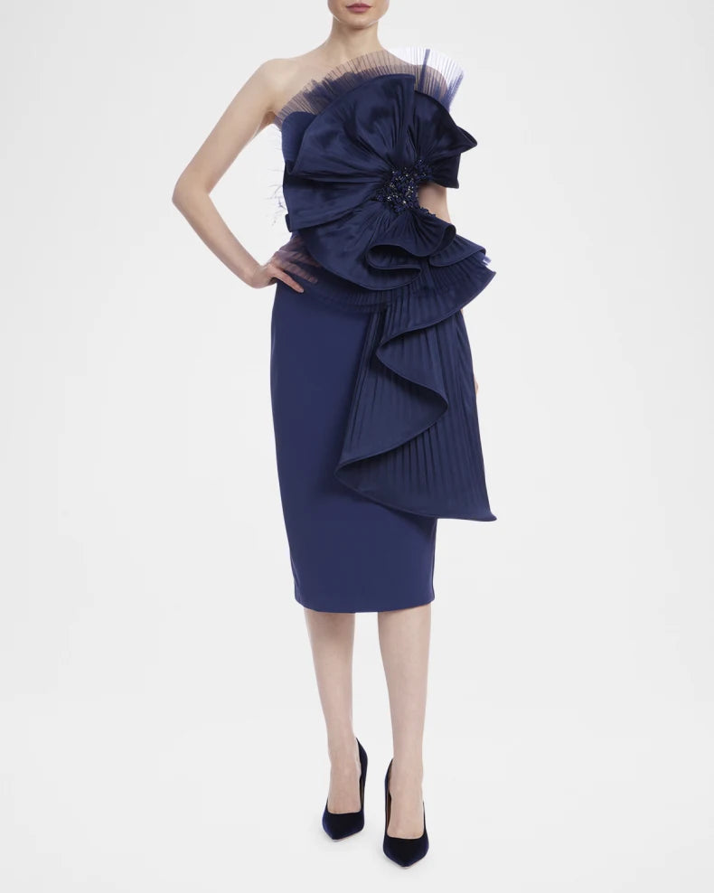 Strapless Pleated Fan Midi Sheath Dress Beautiful and charming simple and unique design