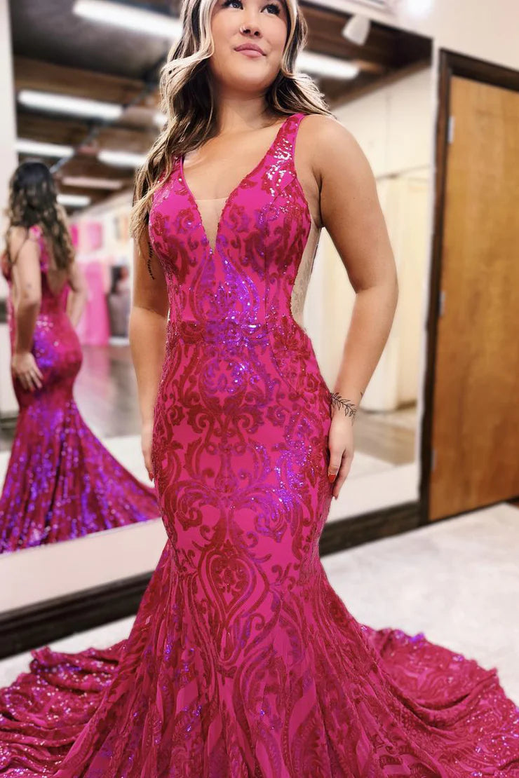 Charming Mermaid V Neck Fuchsia Sequins Lace Long Prom Dress