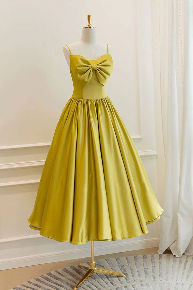 Satin Short Prom Dresses, Cute A-Line Bow Homecoming Dresses