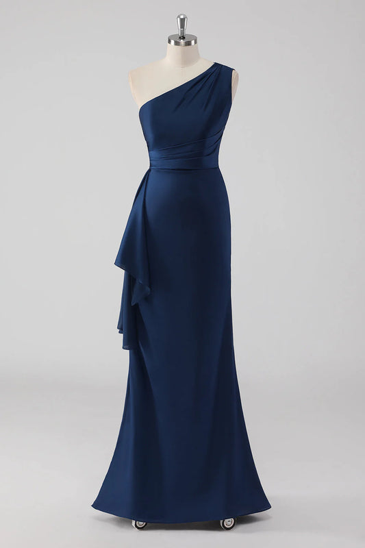 Navy Mermaid One Shoulder Ruched Long Formal Dress with Ruffles
