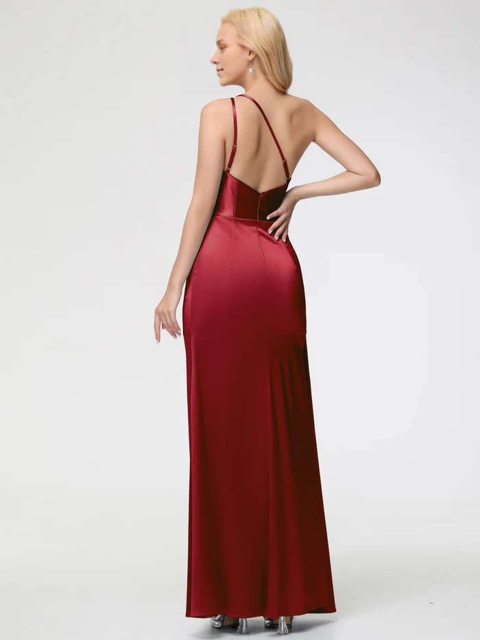 Burgundy Prom Dresses Trumpet/Mermaid One Shoulder Sleeveless Pleats Stretch Satin Prom Dresses With Split