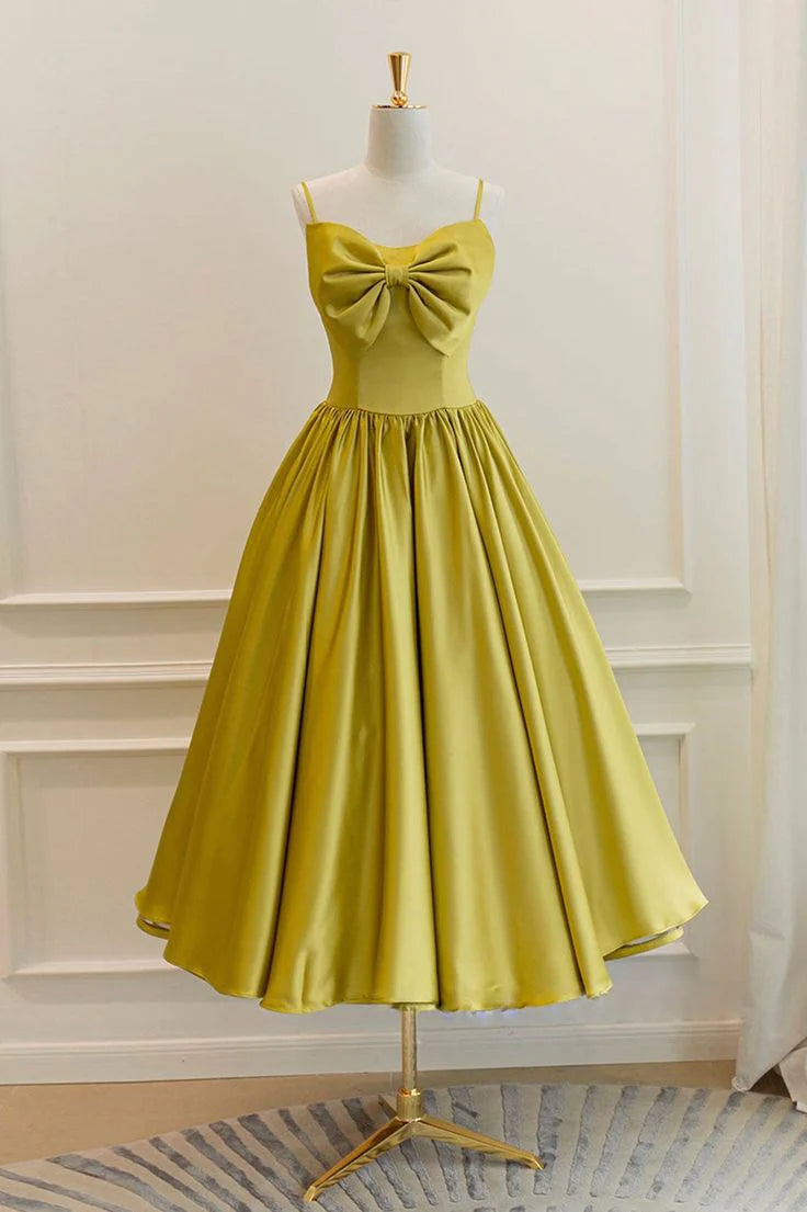 Satin Short Prom Dresses, Cute A-Line Bow Homecoming Dresses