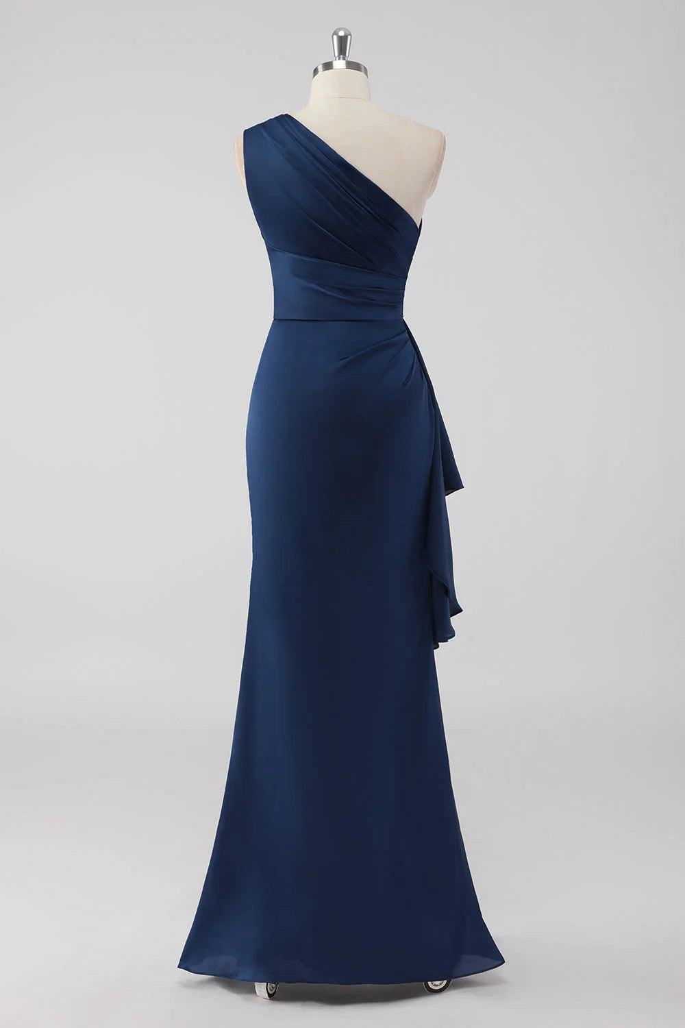 Navy Mermaid One Shoulder Ruched Long Formal Dress with Ruffles