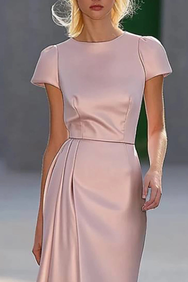 Simple beautiful generous and full of charm Prom Dress Wedding Guest Semi-Formal Dress Light Pink Satin Knee-Length Dress ﻿