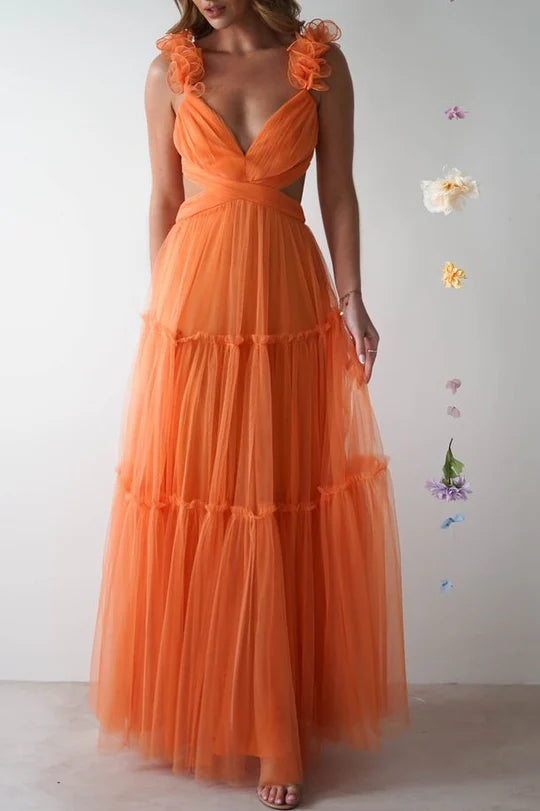 A-Line Empire-Waist V-Neck Tulle Long Formal Prom Dress