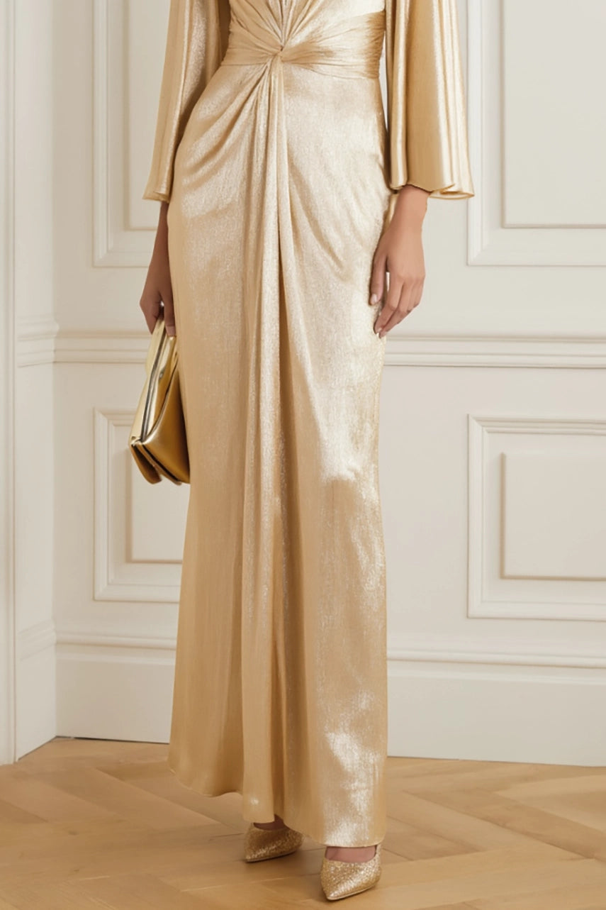 Formal Party Dress Gold V-Neck Long Sleeve Maxi Dress