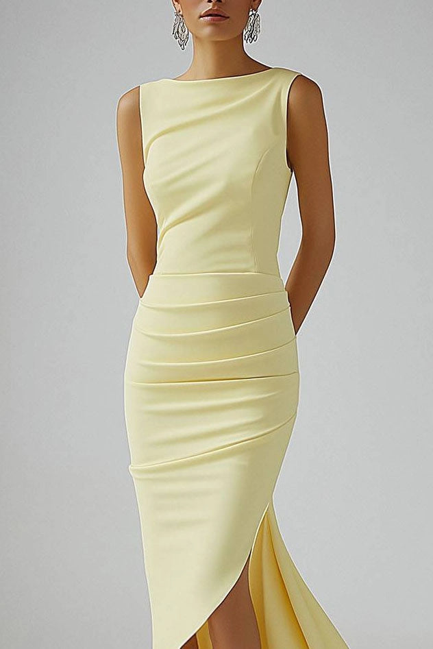 Cocktail Party Dress Light Yellow Sleeveless Ruched Asymmetrical Midi Dress