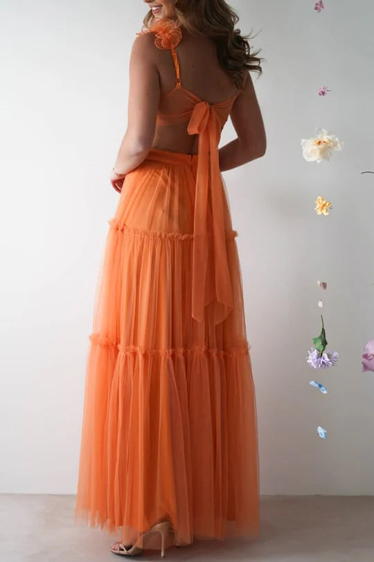 A-Line Empire-Waist V-Neck Tulle Long Formal Prom Dress