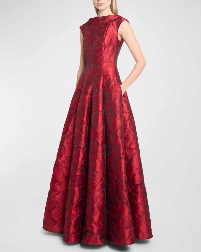 Ruffles Jacquard Cap-Sleeve Gown Beautiful and charming simple and unique design