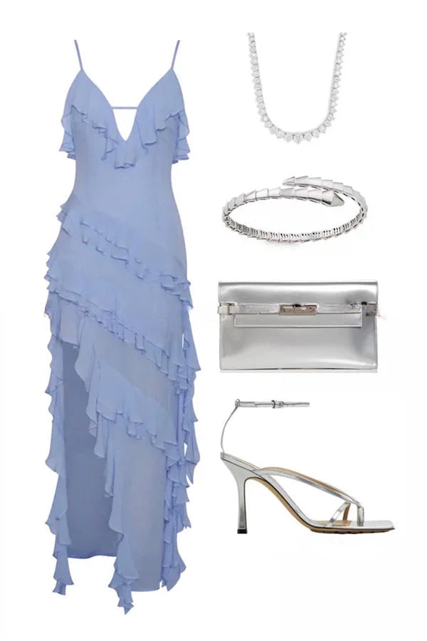 Can't Escape Love Chiffon Layered Ruffle Irregular Slit Maxi Dress Simple atmospheric beautiful and unique desi