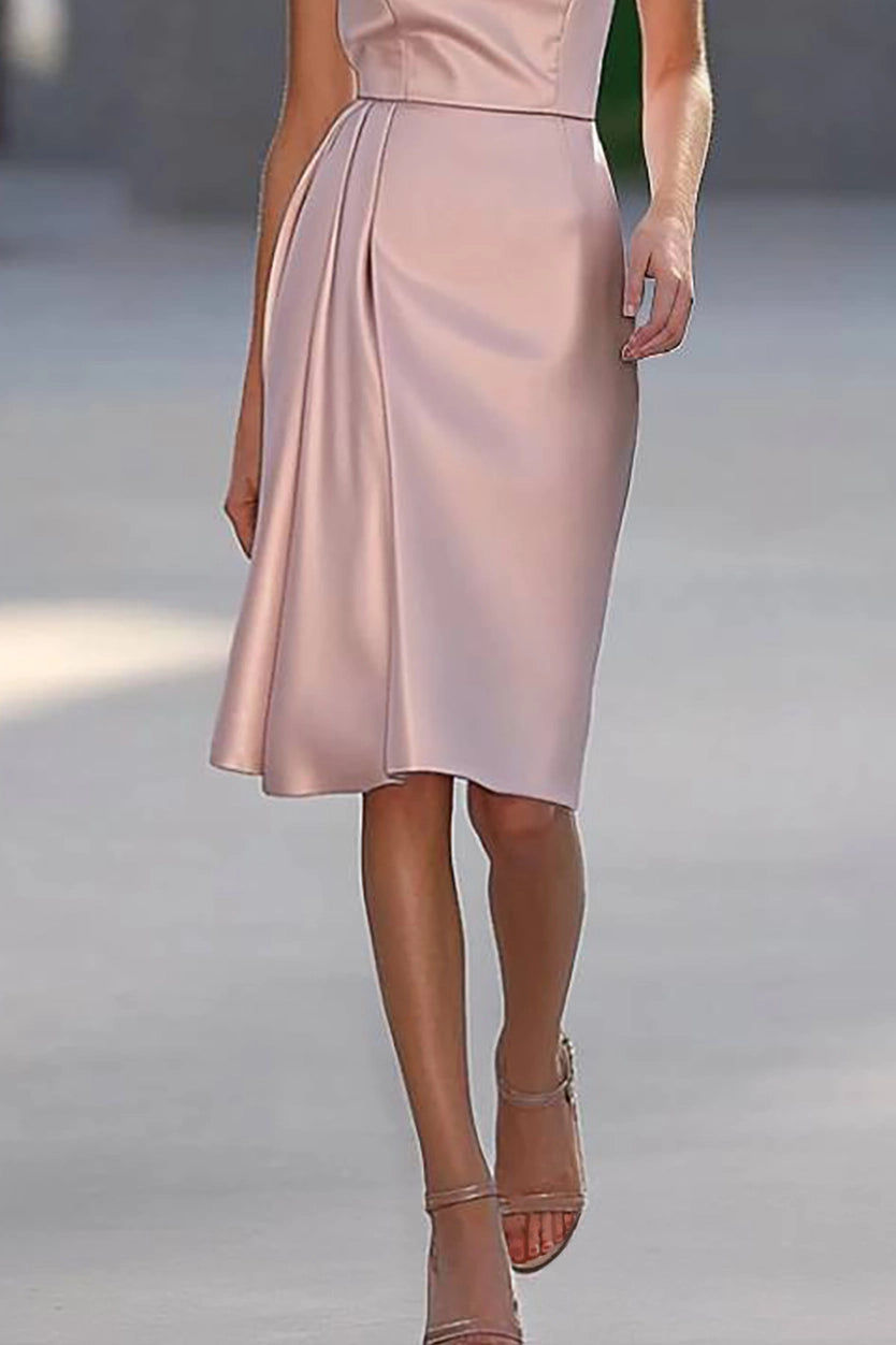 Simple beautiful generous and full of charm Prom Dress Wedding Guest Semi-Formal Dress Light Pink Satin Knee-Length Dress ﻿