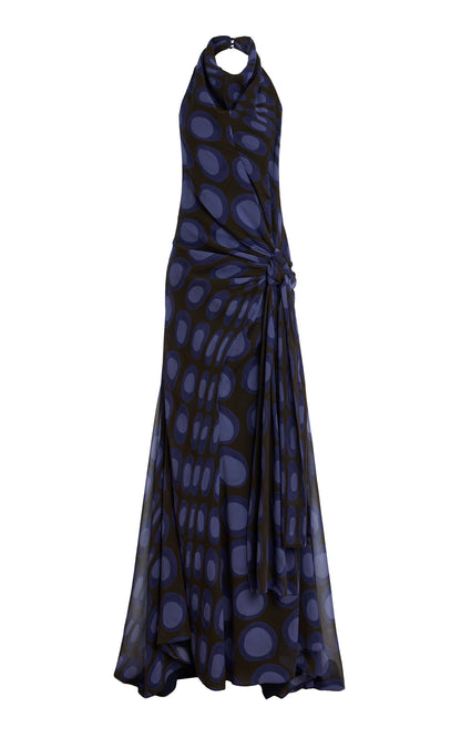 Wiggle-Dot Silk-Chiffon Sarong Maxi Halter Dress