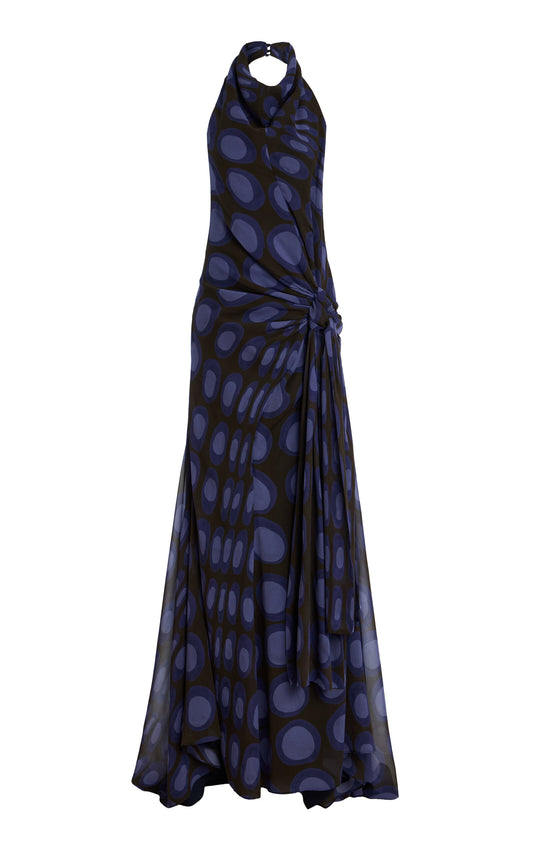 Wiggle-Dot Silk-Chiffon Sarong Maxi Halter Dress
