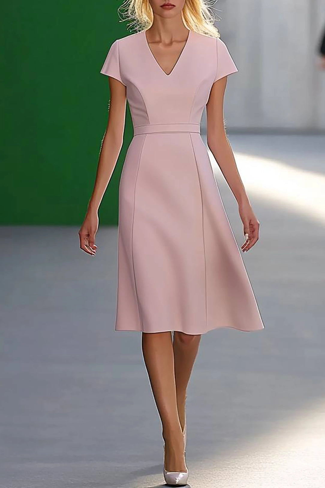 Simple beautiful generous and full of charm Prom Dress Work Semi-Formal Dress Light Pink V-Neck Knee-Length Dress