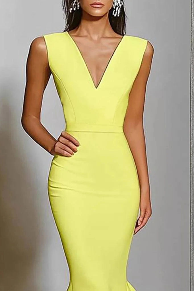 Formal Evening Dress Yellow Sleeveless V-Neck Mermaid Floor-Length Gown