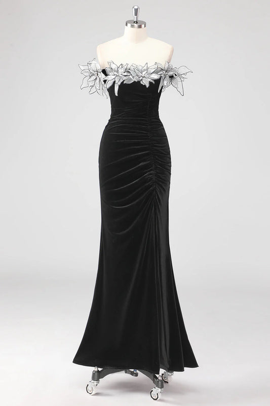 Mermaid Strapless Pleated Long Formal Dress With 3D Flowers