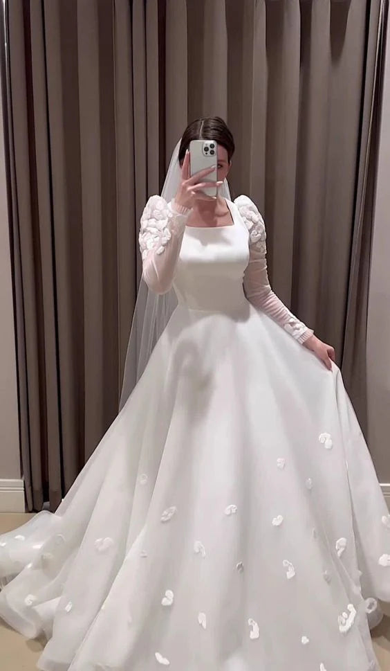 Modest White A-line Long Sleeves Wedding Dress White Bridal Dress
