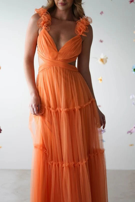 A-Line Empire-Waist V-Neck Tulle Long Formal Prom Dress
