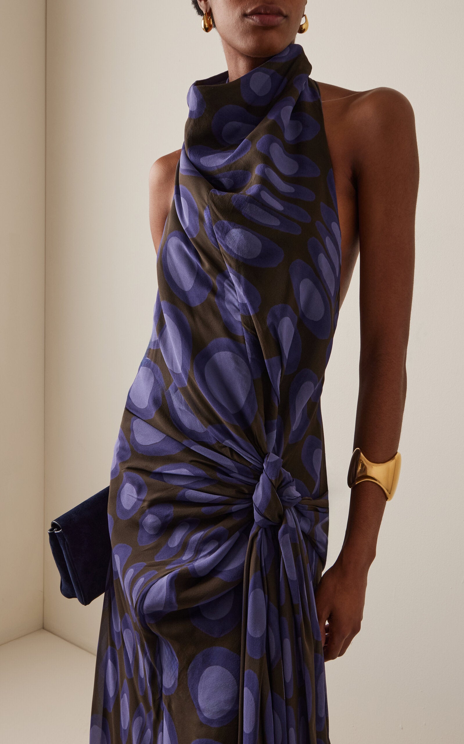 Wiggle-Dot Silk-Chiffon Sarong Maxi Halter Dress