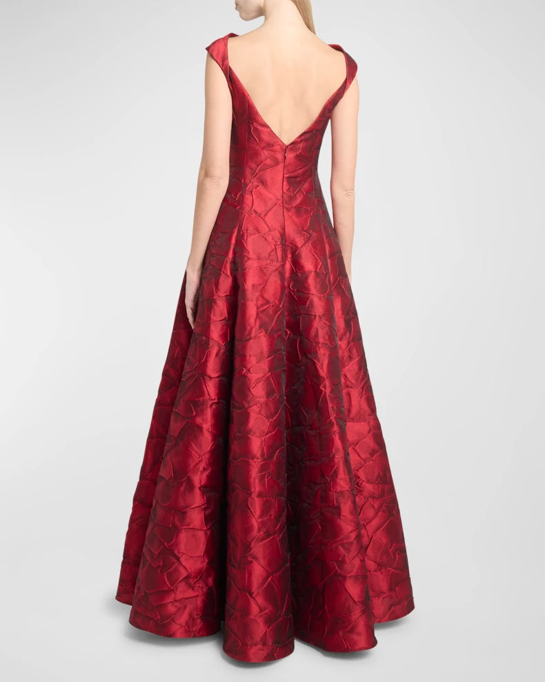 Ruffles Jacquard Cap-Sleeve Gown Beautiful and charming simple and unique design