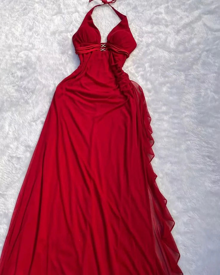 Halter Red A Line Long Prom Dresses Ruffled Evening Dresses