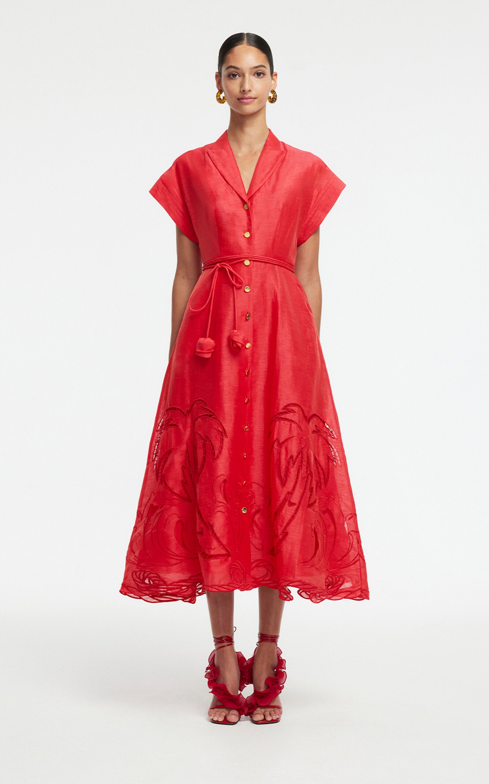 Appliquéd Linen-Blend Shirt Midi Dress Full of charm simple and atmospheric