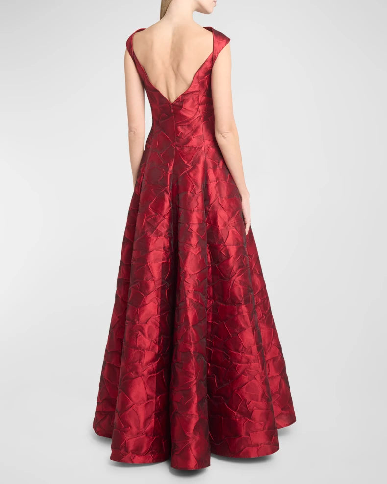 Ruffles Jacquard Cap-Sleeve Gown Beautiful and charming simple and unique design