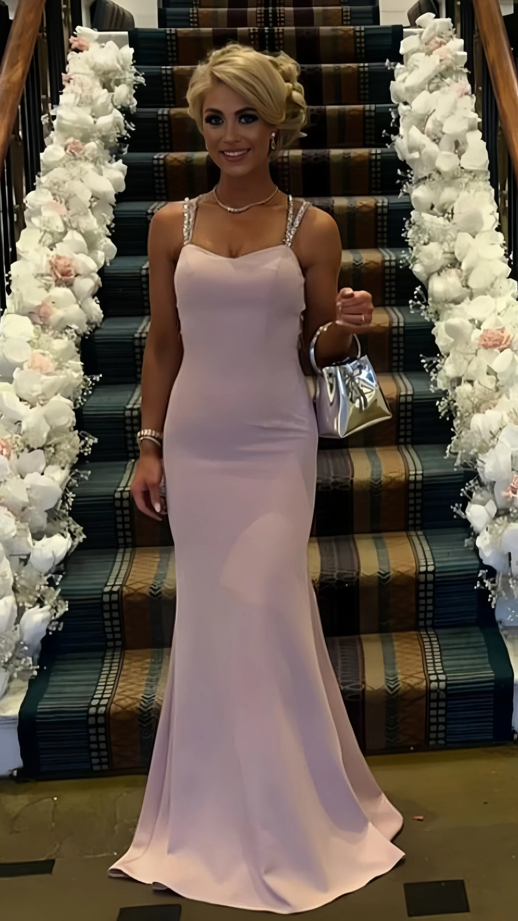 Elegant Pink Mermaid Beaded Formal Prom Dress Simple atmospheric beautiful and unique design