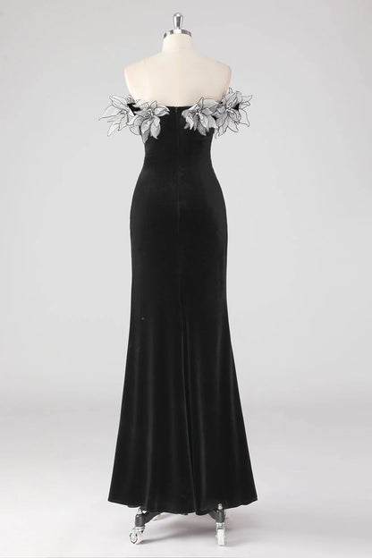 Mermaid Strapless Pleated Long Formal Dress With 3D Flowers