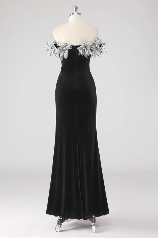 Mermaid Strapless Pleated Long Formal Dress With 3D Flowers