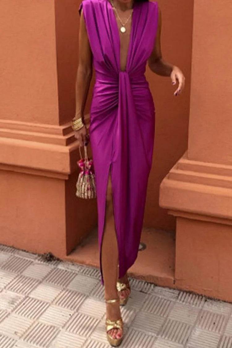 Sexy Solid Color Slit Ruched V Neck Sleeveless Dresses Simple atmospheric beautiful and unique desi