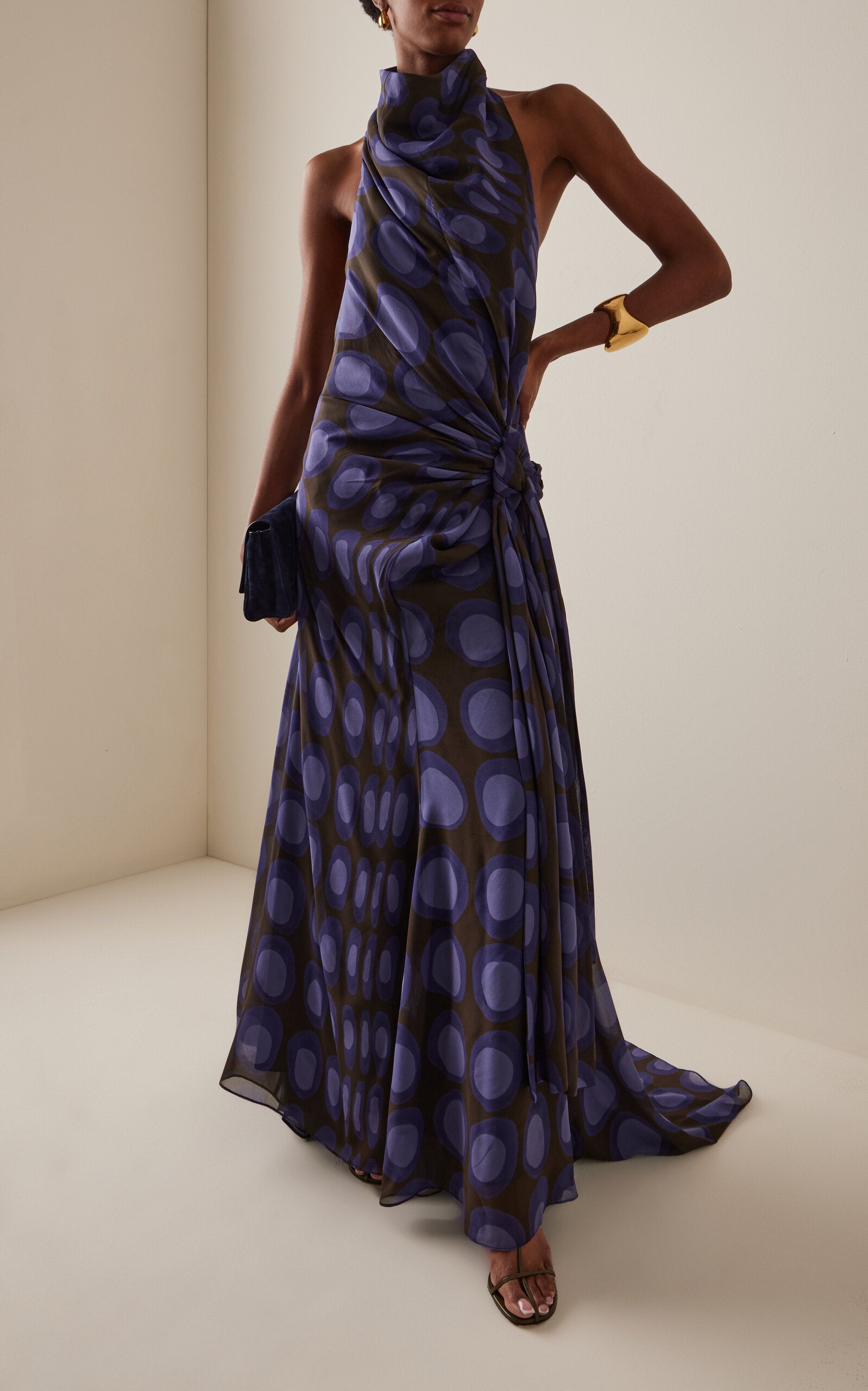 Wiggle-Dot Silk-Chiffon Sarong Maxi Halter Dress