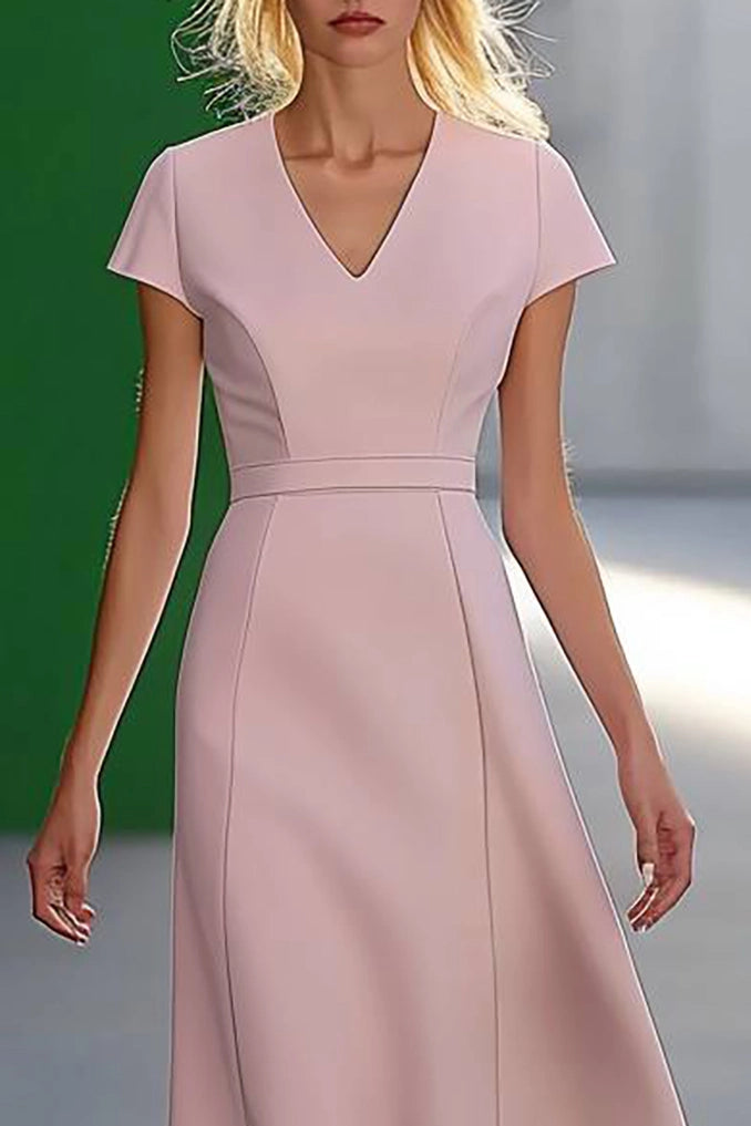 Simple beautiful generous and full of charm Prom Dress Work Semi-Formal Dress Light Pink V-Neck Knee-Length Dress