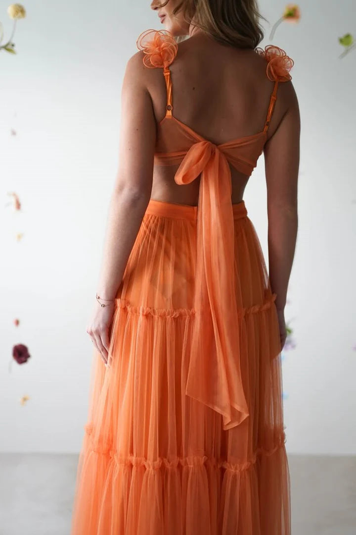 A-Line Empire-Waist V-Neck Tulle Long Formal Prom Dress
