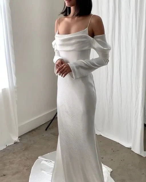 Sexy Backless Mermaid Wedding Dresses Women Spaghetti Straps Long Sleeves Dress