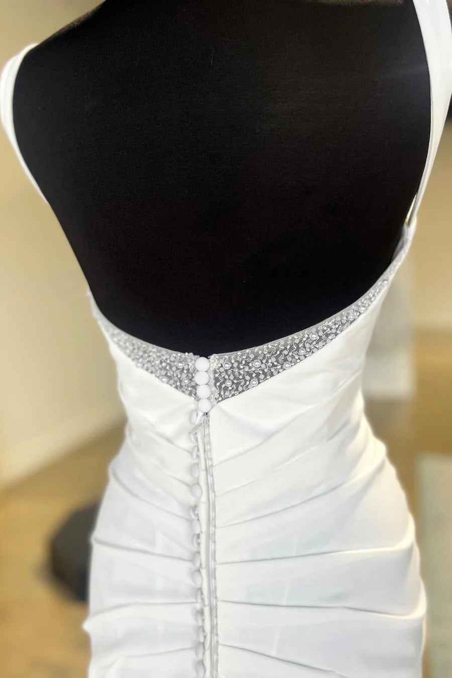 White Backless Ruched Wedding Dress with Detachable Sleeves