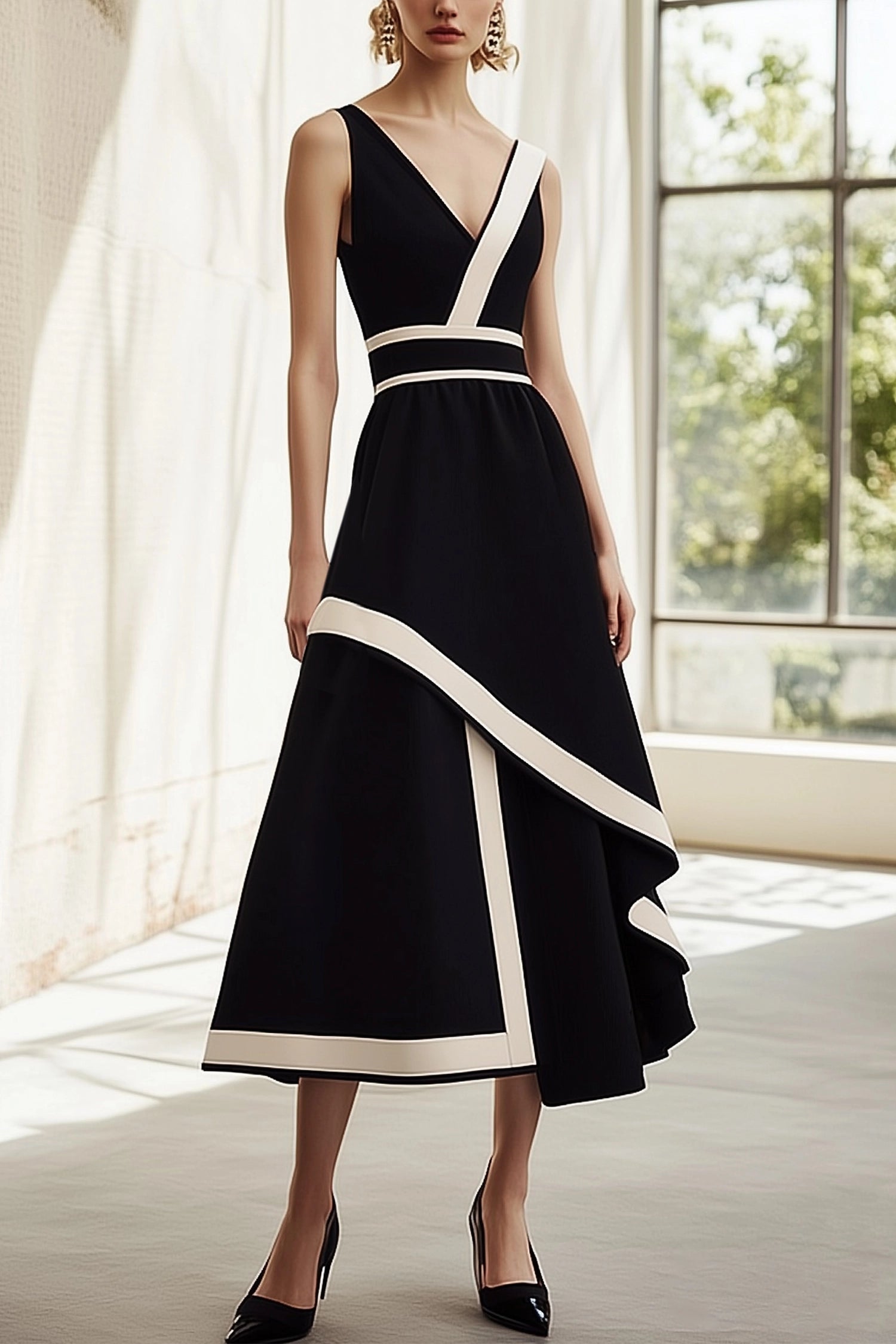 Cocktail Evening Dress Black and White V-Neck Flowy Maxi Dress Simple beautiful generous and full of charm