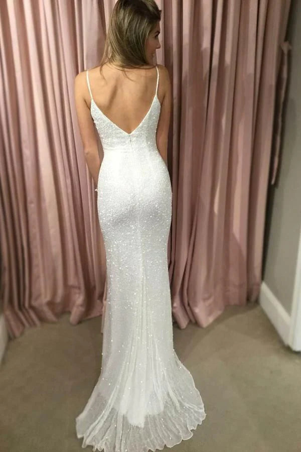 White Sequins Mermaid Prom Dress With Spaghetti-Straps Simple gentle atmospheric and unique design