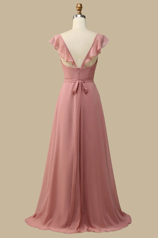 Dusty Rose Surplice Neck A-Line Chiffon Maxi Dress Dusty Rose