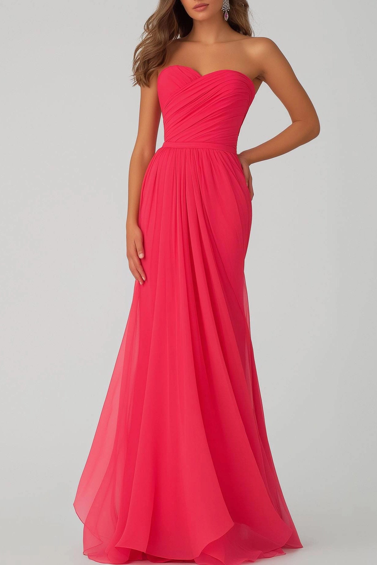 Formal Evening Strapless Dress Rose Chiffon Floor-Length Gown