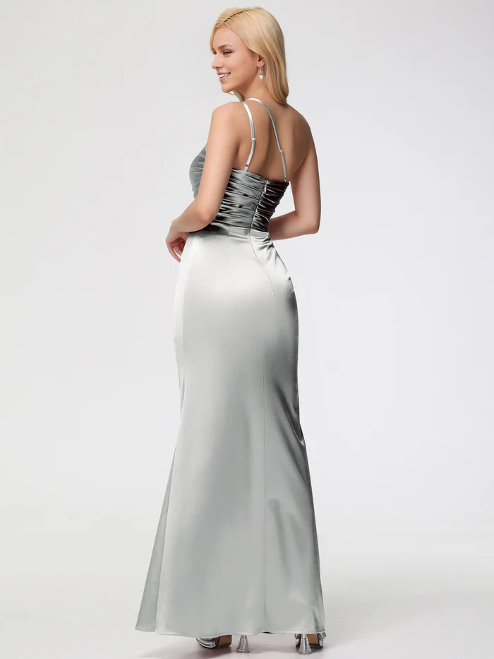 Prom Dress Silver One Shoulder Trumpet/Mermaid Sleeveless Pleats Long Stretch Satin Prom Dresses